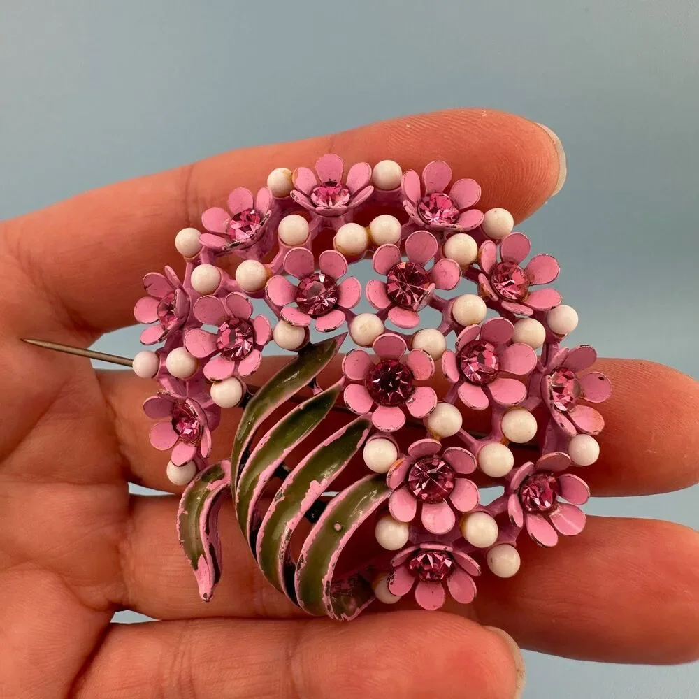 Vintage Rhinestone Flower Brooch Pink Japanned Enamel Floral Spray Bouquet 2